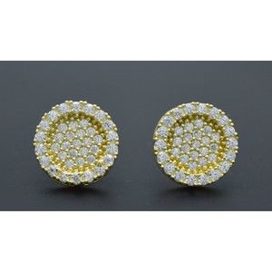 Real 10K Solid Yellow Gold 13mm Mens 3D Round Cut Iced CZ Stud Earrings 3.7gr